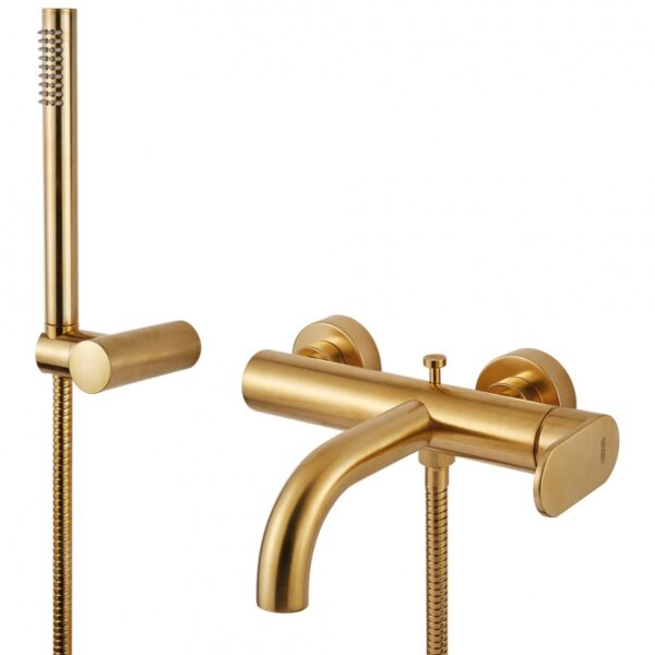 Μπαταρία Λουτρού Armando Vicario Slim Brushed Gold 500100-201 Χρυσό με Tηλέφωνο Anticalcare, Επίτοιχο Στήριγμα Τηλεφώνου και Άθραυστο Σπιράλ 1,5m