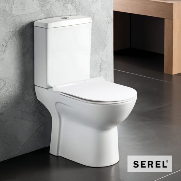 Λεκάνη Δαπέδου Serel Vela Rimless Χαμηλής Πίεσης Πορσελάνης Οριζόντιας Αποχέτευσης με Καζανάκι και Κάλυμμα Slim Soft-Close 674600SC-300 Λευκή