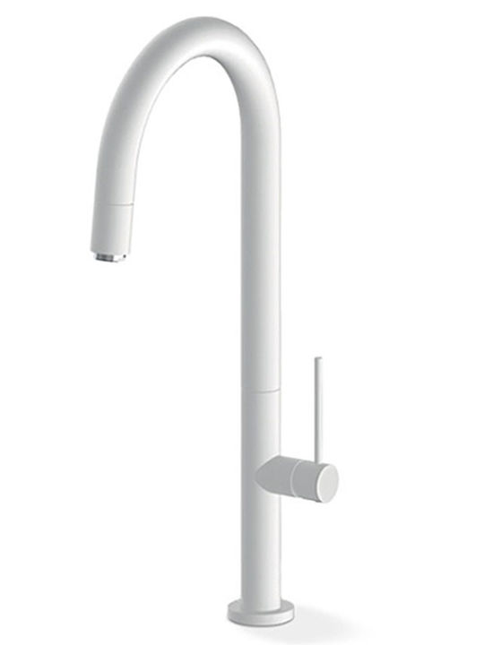 Μπαταρία Κουζίνας Πάγκου Armando Vicario Tozo 48780-300 White Matt Με Υψηλό Περιστρεφόμενο Ρουξούνι με Συρόμενο Ντουζ Μονής Ροής Λευκή Ματ